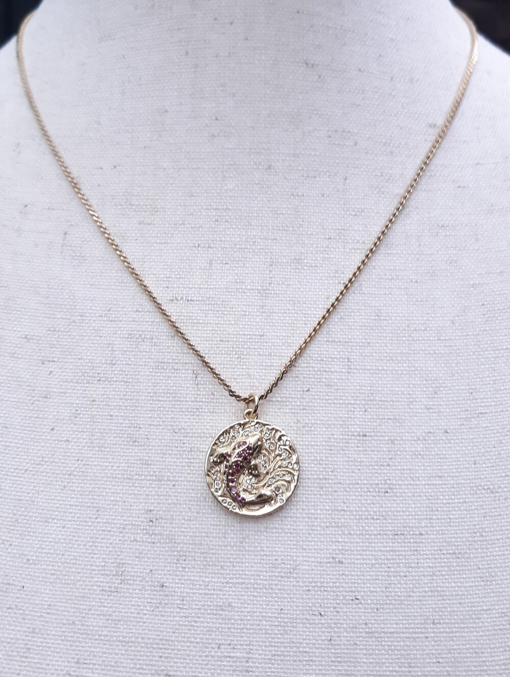 18" Rhinestone Koi Fish Necklace Gold Red White Boho